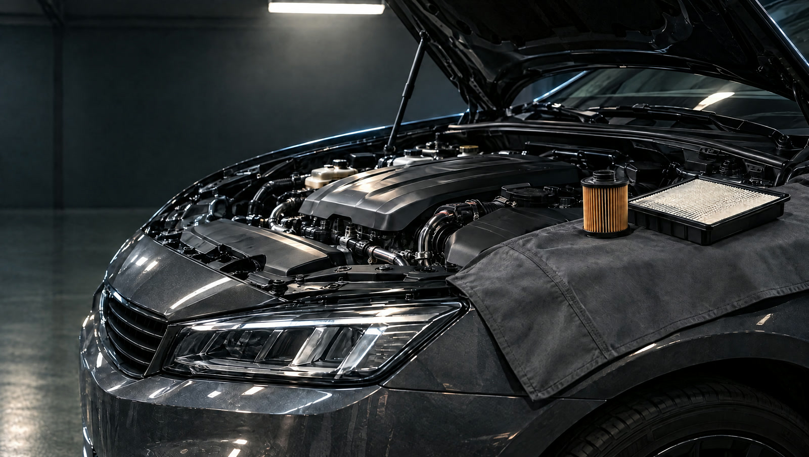 Motorraum bei der Inspektion unter Werkstattlicht